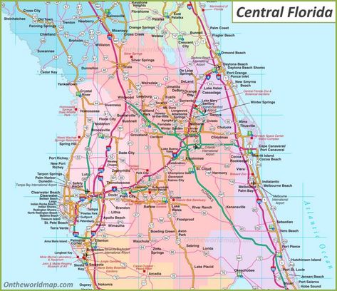 Map of Central Florida Map Of Florida Cities, Florida Cities, Manatee Florida, Alabama Travel, Flagler Beach, Map Crafts, Florida Destinations, Florida City, Map Of Florida