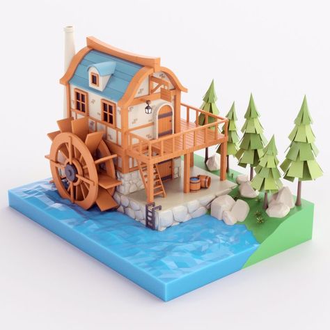 Watermill Concept Art, Watermill Minecraft, Minecraft Watermill, Low Poly Environment, Low Poly Games, Isometric Art, Low Poly Art, Water Wheel, Minecraft Creations