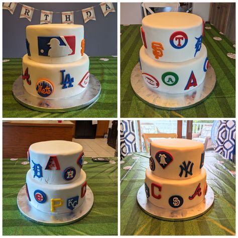 Baseball cake featuring most MLB team logos Mlb Birthday Party Ideas, Baseball Cake, 8 Birthday, Baseball Theme Party, Mlb Team Logos, Baseball Birthday Party, Baseball Party, Baseball Theme, Baseball Birthday