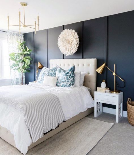 Navy Blue Bedroom Design Ideas ... Navy Feature Wall Bedroom, Green And Navy Bedroom, Calming Wall Colors, Blue Bedroom Design Ideas, Navy Blue Bedroom Walls, Navy Blue Bedroom, Blue Bedroom Walls, Leclair Decor, Navy Blue Bedrooms