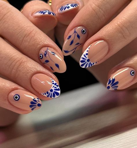 Portuguese Tile Nails, Blue Mexican Nails, Hamsa Nails, Frida Kahlo Nails, Mexican Inspired Nails Mexico, Mexican Themed Nails Acrylic, Septiembre Nails, Talavera Nails, Spanish Nails