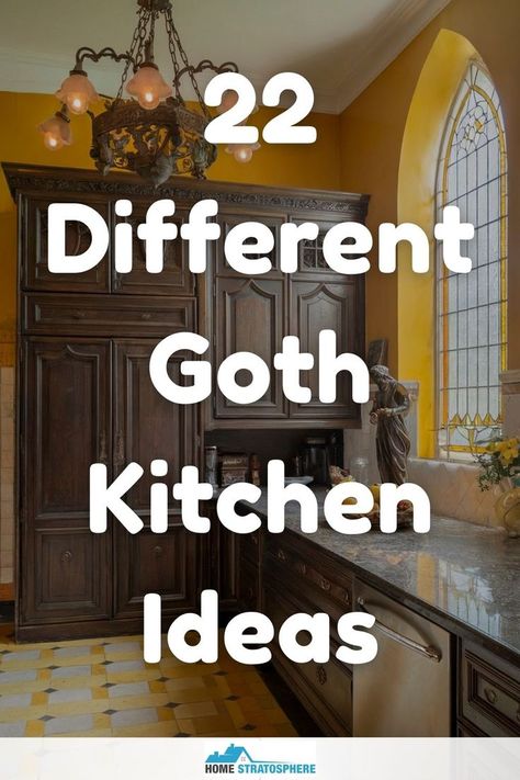 A gothic kitchen with tall, arched windows, dark cabinetry, and rich wood tones creating a luxurious and gothic-inspired atmosphere. Cottage Witch Kitchen Aesthetic, Small Gothic Kitchen Ideas, Witches Kitchen Decor, Gothic Kitchen Aesthetic, Gothic Victorian Kitchen, Gothic Farmhouse Kitchen, Gothic Kitchens, Goth Kitchen Ideas, Vampire Kitchen