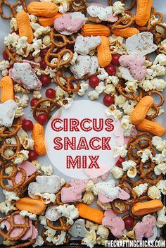 With a mix of circus themed treats, this Circus Snack Mix would be fun to take along on a trip to the circus, for a Dumbo movie day or a big top play date! Painting Tattoos, Dumbo Movie, Circus Food, Circus Cakes, Movie Day, Wedding Body, Halloween Food Appetizers, Themed Treats, Circus Carnival Party