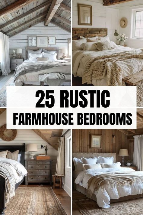 Explore the timeless appeal of 25 rustic farmhouse bedrooms, each beautifully blending comfort with style. From weathered wood accents to soothing color palettes, these rooms offer endless inspiration for creating your own peaceful retreat. Dive into the world of rustic charm and find ideas to transform your bedroom into a cozy haven Farmhouse Bed Comforters, Modern Farmhouse Bedroom Furniture Simple, Country Styled Bedroom, King Size Comforter Sets Farmhouse, Rustic Guest Room Ideas, Light Rustic Bedroom, Modern Farmhouse Bedroom Wall Decor, Rustic Modern Farmhouse Bedroom, Rustic Wood Bedroom Ideas