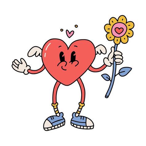 Heart Cartoon Character, Retro Flower Illustration, Pops Tattoo, Groovy Cartoon, Heart Character, Hearts Illustration, Valentine Day Card, Heart Cartoon, Paw Logo