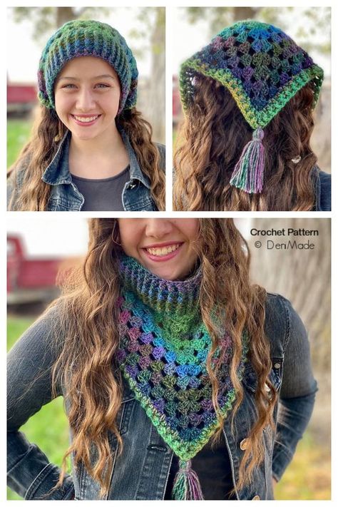 Crochet Headband Triangle, Crocheted Kerchief Patterns Free, Free Crochet Kerchief Patterns, Crochet Hair Scarf Free Pattern, Crochet Kerchief Pattern Free, Knitted Wardrobe, Crochet Head Scarf, Crochet Ear Warmer Free Pattern, Kerchief Pattern