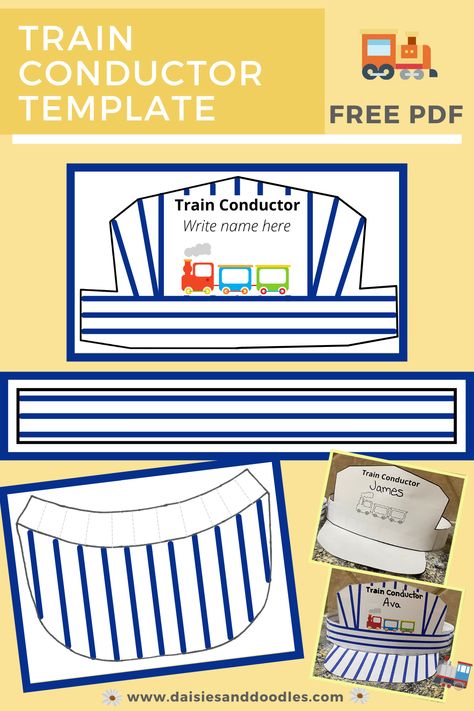 How To Make A Train Conductor Hat, Train Conductor Hats, Diy Thomas The Train Costume, Train Conductor Hat Diy, Train Conductor Hat Craft, Preschool Trains Activities, Train Theme Birthday Party Activities, Diy Conductor Hat, Conductor Hat Craft