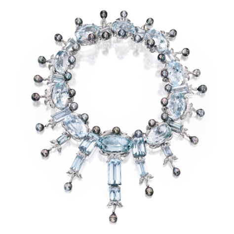 18 Karat White Gold, Aquamarine and Black Baroque Cultured Pearl Necklace, Tony Duquette | Sotheby's (=) Tony Duquette, Pearl And Diamond Necklace, International Jewelry, Aquamarine Necklace, Cultured Pearl Necklace, Aquamarine Jewelry, Fine Jewels, Style Necklace, Cultured Pearls