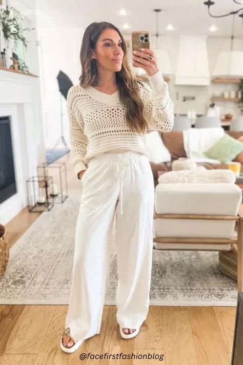 Wide Leg Linen Pants Outfit for Summer. Coastal Casual Outfit. Wide Leg Linen Pants Outfit, Pants Outfit For Women, How To Style Linen Pants, Linen Set Outfit, Style Linen Pants, White Linen Pants Outfit, Hijab Summer Outfits, Pant Outfits For Women, Pant Outfits