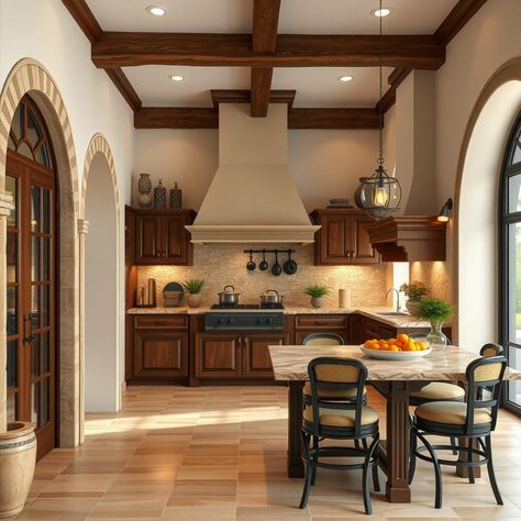 Create a sun-drenched Mediterranean kitchen with terracotta-toned cabinets featuring glass fronts. Crown molding adds elegance. #MediterraneanKitchen #VillaStyle 🌞 Meditterean Kitchen, Modern Mediterranean Kitchen, Kitchen Elevation, Hood Range, Mediterranean Kitchen, Villa Style, Mediterranean Villa, San Diego Houses, Spanish Style Homes