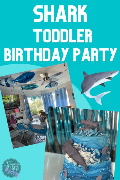 shark decorations at a party and a hammerhead shark cake with text shark toddler birthday party Shark Centerpieces, Third Birthday Theme, Shark Balloons, Shark Decorations, Mega Shark, Shark Balloon, Shark Themed Birthday Party, Toddler Craft, Shark Decor