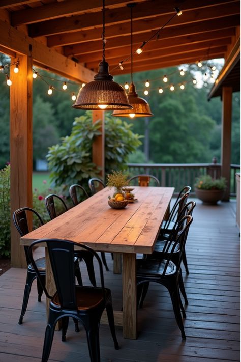 Outdoor farmhouse dining area on porch with teak table and string lights Back Porch Dining Ideas, Outdoor Dining Table Centerpiece Ideas, Outdoor Long Table, Harvest Table Dining Room, Porch Dining Table, Farmhouse Dining Area, Farmhouse Outdoor Dining, Large Rustic Dining Table, Outdoor Farmhouse Table