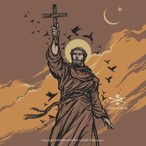 BARITUS Catholic Illustration on Instagram: "Repost: Happy Feast of Saint Francis of Assisi Repost: Saint Francis of Assisi takes the light of Christianity to the Sultan during the Crusades after the battle of Damietta in Egypt. Many numbers of Christians suffered beheadings after the loss of the battle of Damietta (Francis warned the Crusaders of this impending loss to no effect after receiving a vision of the event). One chronicler wrote "This horror befell about fifty horsemen, of the Knigh Baritus Catholic, Catholic Illustration, Catholic Symbols, Catholic Artwork, Happy Feast, Saint Francis Of Assisi, The Crusades, Catholic Wallpaper, Church Media Design