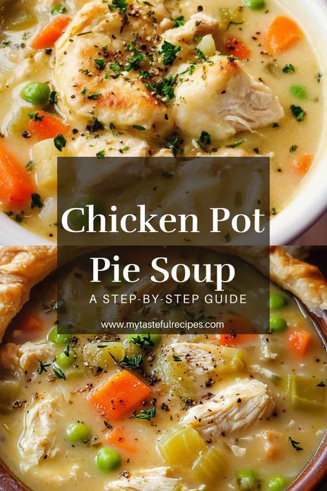 Indulge in the rich and creamy goodness of this Chicken Pot Pie Soup! With a savory blend of chicken, vegetables, and herbs, this recipe will quickly become a family favorite. Get the recipe now! Chicken Pot Pie Recipe Crockpot, Creamy Chicken Pot Pie Soup, Chicken Pot Pie Soup Recipe, Pot Pie Soup Recipe, Chicken Potato Soup, Chicken Soup Crockpot, Crockpot Chicken Pot Pie, Chicken Vegetable Soup Recipes, Healthy Chicken Pot Pie