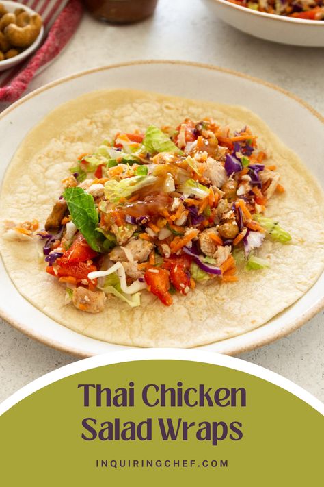 Thai Chicken Salad Wraps Thai Wraps, Thai Chicken Wraps, Chopped Chicken Salad, Chicken Enchilada Pasta, Asian Chopped Salad, Slow Cooker Carnitas, Rice Noodle Salad, Thai Chicken Salad, Salad Wrap