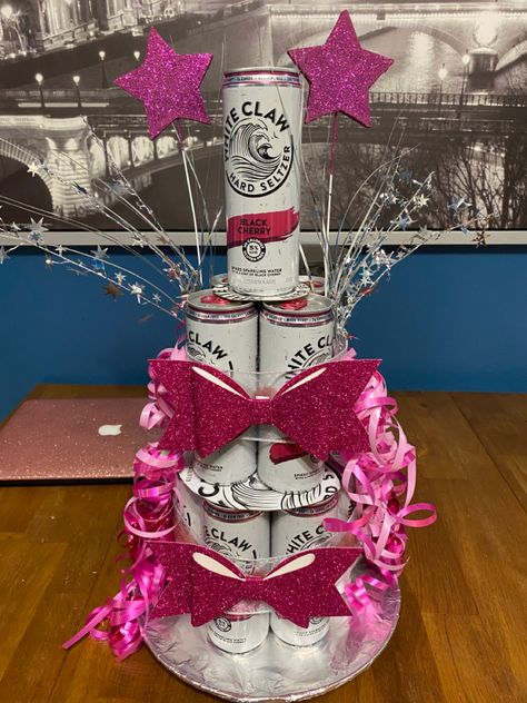 Seltzer Cake, White Claw Cakes Diy, White Claw Gift Ideas, White Claw Gift Basket, Alcohol Tower, Seltzer Cake Tower, White Claw Cakes, White Claw Birthday Cake, 21st Birthday Drink Tower