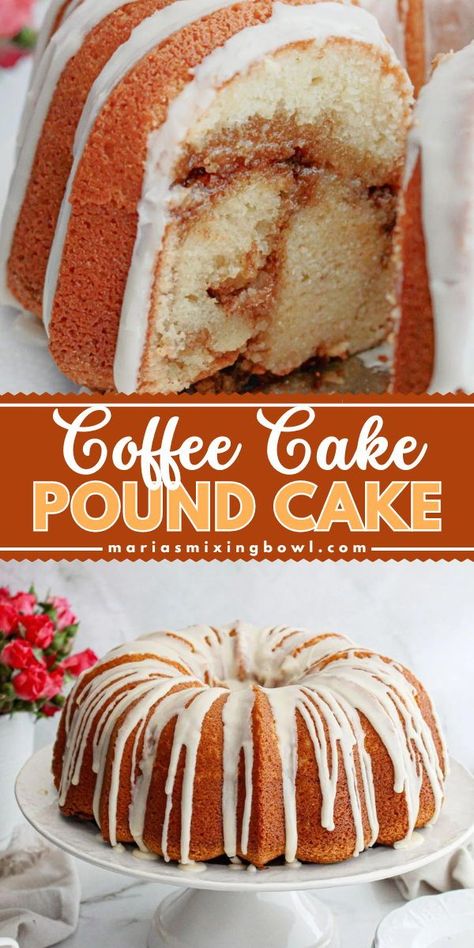 This Coffee Cake Pound Cake is a delicious and indulgent treat that is perfect for breakfast, brunch, or dessert. It combines the flavors of traditional coffee cake with the rich and moist texture of pound cake, making it the ultimate comfort food. Cinnamon Streusel Pound Cake, Overnight Coffee Cake Recipes, Bunt Coffee Cake, Cinnamon Pound Cake Recipes, Cinnamon Roll Pound Cake Recipes, Decorated Pound Cake, Pound Cake From Cake Mix Boxes, Pound Cakes Recipes, Coffee Pound Cake