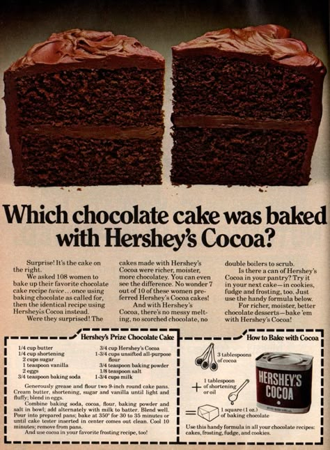 7 classic Hershey's chocolate cake recipes from the '70s - #hersheys #chocolaterecipes #vintagerecipes #chocolatecake #chocolate #vintagechocolate #classicrecipes #retrorecipes #desserts #clickamericana Hersheys Chocolate Cake, 70s Cake, Hersheys Chocolate Cake Recipe, Classic Chocolate Cake Recipe, Hershey Chocolate Cakes, Hershey Recipes, Vanilla Frosting Recipes, Chocolate Hershey, Hersheys Chocolate