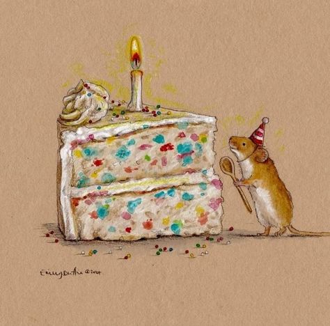 Christmas Mouse Watercolor, Eating Cake Drawing, Cake Drawing, Whimsical Art Paintings, Mouse Drawing, Happy Birthday Art, Cute Rats, Book Illustration Art, Mouse Birthday