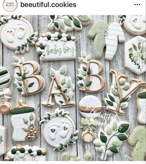 Sage Green Gender Reveal Decorations, Gender Reveal Ideas Sage Green, Greenery Cookies Decorated, Sage Green Baby Boy Shower Ideas, Baby Shower Sage Green And Gold, Sage Baby Shower Cookies, Eucalyptus Baby Shower Cake, Boho Baby Shower Cake Boy, Sage Green Baby Shower Cookies