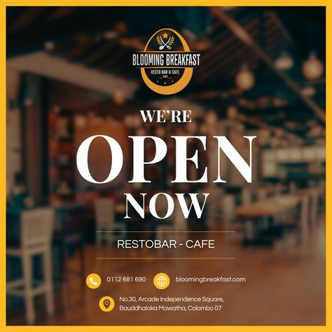 We're now open and ready to serve! 🍽️ Join us at Blooming Breakfast Resto Bar & Cafe - 24 Hours Open to enjoy a feast of flavours. Day or night, we're here to satisfy your cravings! 🌞🌙 #OpenNow #BloomingBreakfast Resto Bar, Open Restaurant, Were Open, Tiktok Ideas, News Cafe, Food Advertising, We're Open, Now Foods, Canva Design