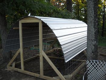 Beginnings of a nice hoop house. Hoop House For Chickens, Goat Hoop House, Hoop House Chicken Coop, Hoop Chicken Coop, Hoop House Chickens, Hoop Coop, Raising Turkeys, Hoop House, Corrugated Sheets