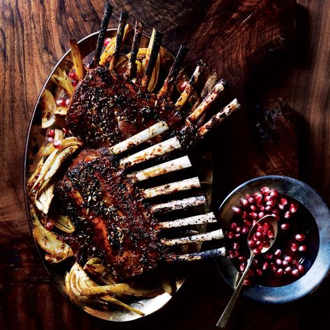 Pomegranate and Fennel Glazed Rack of Lamb Recipe | Epicurious Holiday Roasts, Grilled Lamb Chops, Lamb Ribs, New Years Eve Dinner, Grilled Lamb, Rack Of Lamb, Pomegranate Molasses, Broth Recipes, Lamb Chops