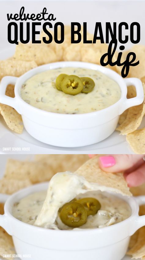 3 ingredient Velveeta Queso Blanco Dip - easy to make appetizer that everyone loves. Spicy, creamy, irresistible! Velveeta Queso Blanco Dip, Super Bowl Appetizer Ideas, Velveeta Queso Blanco, Queso Dip Velveeta, Queso Blanco Recipe, Recipes With Velveeta Cheese, Velveeta Queso, Queso Blanco Dip, Spicy Queso