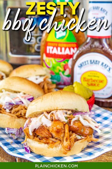 Slow Cooker Zesty BBQ Chicken -only 5 simple ingredients! You probably already have them in the house! Chicken, BBQ sauce, Italian dressing, brown sugar and Worcestershire sauce. I love all of these ingredients and they taste great combined into one easy dish! Feel free to use frozen chicken breasts in this dish. Make a ton, so it's great for a potluck! Serve chicken on buns, nachos, baked potato or on top of a salad. Everyone gobbled this up! Chicken Bbq Sauce, Zesty Chicken, Slow Cooker Bbq Chicken, Bbq Chicken Crockpot, Chicken Bbq, Bbq Chicken Recipes, Slow Cooker Bbq, Chicken Crockpot, Plain Chicken