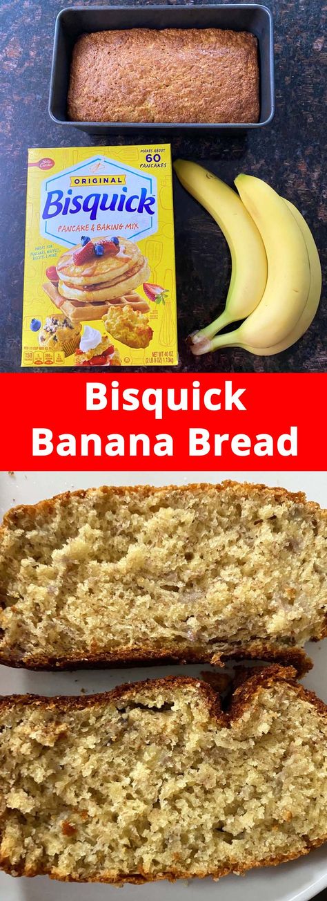 Bisquick Banana Bread - got a Bisquick baking mix and overripe bananas? Make this easy banana bread recipe using simple everyday ingredients! Brown bananas and Bisquick turn into amazing banana bread! So easy and tastes amazing, you need this recipe in your life! Banana Bread With Bisquick Easy Recipes, Banana Bread Recipe Bisquick, Bisquick Banana Bread Recipe Easy, Bus Quick Banana Bread, Bisquick Banana Bread Recipe, Banana Bread With Bisquick, Banana Bread Recipe With Bisquick, Bisquick Banana Bread, Amazing Banana Bread