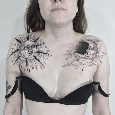 Sun tattoo and moon tattoo by Vanpira #Vanpira #blackwork #linework #illustrative #sun #moon #clouds #light #sky #nature #chestpiece #face #maninthemoon #tattoooftheday Matching Couple Tattoos Quotes, Couple Tattoo Quotes, Sun And Moon Tattoos, Tattoo Moon, Moon Tattoos, Chest Tattoos For Women, Chest Piece Tattoos, Sun Tattoos, Matching Couple Tattoos