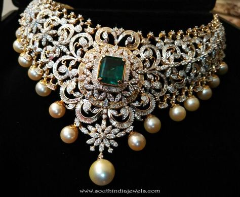 Diamond Choker Necklace from Ishwarya Diamonds ~ South India Jewels Emerald Diamond Choker, Classy Necklaces, Classy Necklace, Choker Necklace Designs, Diamond Jewelry Set, Solitaire Diamond Pendant, Diamond Choker Necklace, Jewelry Designing, Diamond Necklace Designs