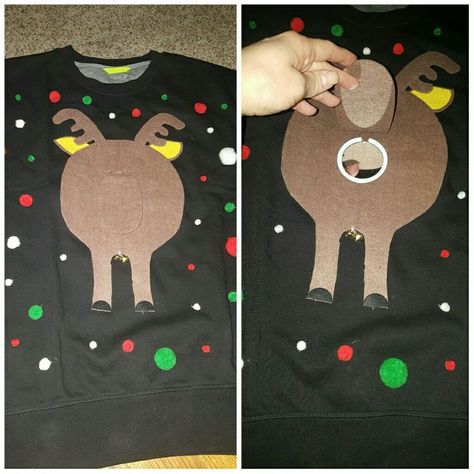 My homemade ugly Christmas sweater for my husband's work party. The mirror under the tail makes people the "asshole" lol. Homemade Ugly Christmas Sweater, Ugly Christmas Sweater Diy Funny, Ugly Christmas Sweater Outfit, Ugly Christmas Sweater Contest, Diy Christmas Sweater, Christmas Sweater Outfits, Ugly Christmas Sweater Couples, Best Ugly Christmas Sweater, Ugly Sweater Diy