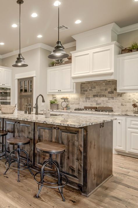 Rustic Modular Homes, Fox Fire, Brick Backsplash Kitchen, Farmhouse Kitchen Inspiration, Farmhouse Kitchen Backsplash, House Makeovers, Kitchen Addition, Brick Kitchen, Brick Backsplash