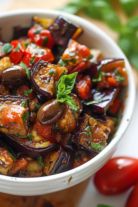 Mouthwatering Low Carb Eggplant Caponata Recipe for Keto Dieters #ketodiet #ketorecipes #lowcarb Eggplant Cherry Tomatoes, Mexican Eggplant Recipes, Cabbage And Eggplant Recipes, Egg Plant Recipes Easy Keto, Caponata Recipe Eggplant, Eggplant Keto Recipes, Aubergine Recipe Healthy, Mediterranean Eggplant Recipes, Low Carb Mediterranean Recipes