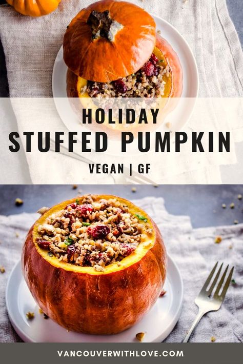 Perfect for vegan Thanksgiving or any holiday dinner, this vegan stuffed pumpkin is made with brown rice, pecans and cranberries. Completely gluten free and delicious, this warming recipe is perfect for chillier weather. Can also be made nut-free if you omit the pecans or swap them for seeds. #pumpkin #stuffedpumpkin #thanksgiving #vegan #glutenfree #dinner Pumpkin Vegan, Vegan Thanksgiving Dinner, Stuffed Pumpkin, Vegan Holiday Recipes, Pumpkin Recipe, Vegan Holiday, Vegan Thanksgiving Recipes, Vegan Holidays, Vegan Sides