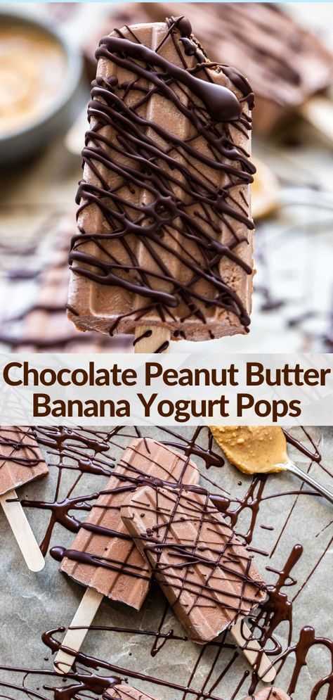 These easy to make Chocolate Peanut Butter Banana Yogurt Pops need to be in your freezer at all times during the summer! Made with simple ingredients, they're perfect for snacking or dessert! #popsicles #peanutbutter #chocolate #healthysnacks #healthyrecipes #kidfriendly #banana #chocolatepeanutbutter Dessert Popsicles, Runner Recipes, Popsicles Recipes, Recipe Runner, Frozen Deserts, Banana Desserts, Banana Popsicles, Banana Yogurt, Healthy Popsicles