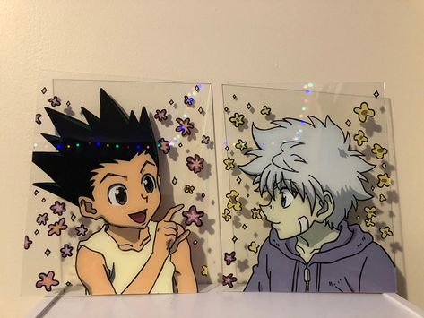 Hunter x Hunter Anime Glass Painting: Gon and Killua Gon And Killua Glass Painting, Hunter X Hunter Glass Painting, Hunter Hunter Painting, Hunter X Hunter Diy Crafts, Hunter X Hunter Painting Canvases, Gon And Killua Painting, Glass Painting Designs Anime, Glass Paintings Anime, Glass Anime Painting