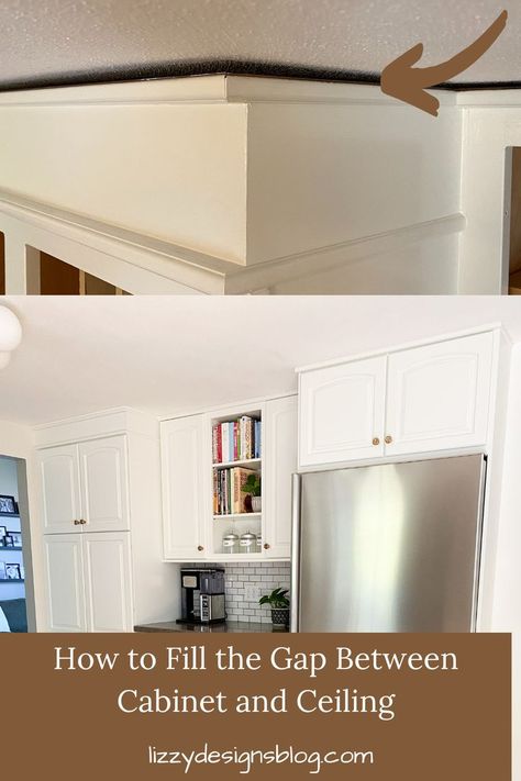 Find out how to fill the gap between cabinet and ceiling Gap On Top Of Cabinets, Gap In Kitchen Cabinets, Scribe Molding On Cabinets, Kitchen Cabinet Ceiling Gap, Gap Between Cabinets And Ceiling, Gap Above Kitchen Cabinets, Kitchen Cabinets Trim, Kitchen Cabinet Crown Molding, Kitchen Cabinets To Ceiling