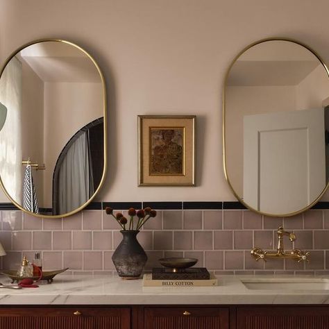 Kirsten Blazek on Instagram: "Lavender tiles were the order of the day at our sweet Storybook Home remodel in Mid City, there is nothing more satisfying to me than bringing a character home back to life 💜 Photography by @michaelcliffordphotography" Plum Bathroom Walls, Mauve Tile Bathroom, Mauve Half Bath, Light Mauve Bathroom, Mauve Powder Room, Lavender Tile Bathroom, Kirsten Blazek, Bathroom Lavender, Mauve Bathroom