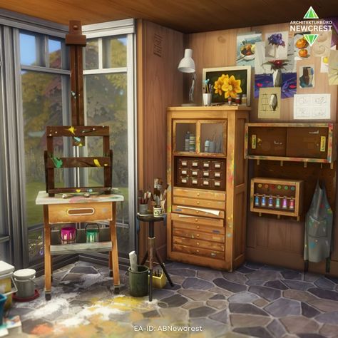 Basegame + Artist Studio kit Sims 4 home 🎨 The new Sims kits are out and I got the Artist Studio one. To test it out I have built a small, like really small, cabin for an spriring artist. I only used basegame and the items from the kit. The little shed next to the pond is a workshop. This lot is: 🛋 Fully furnished 🍀 Functional & playtested 🏘 Basegame & Artist Studio ✅ No CC 📐 30x20 You can download it for free from the gallery. My EA-ID is ABNewcrest 🌿 #sims4artiststudio #sims4basegame ... Sims 4 Artist House, Sims 4 Cc Art Studio, Sims 4 Artist Cc, Sims 4 Art Studio, Sims 4 Modern House, Living Room Sims 4, Sims Builds, Sims Ideas, Sims 4 House Design