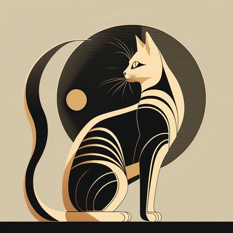 Art Deco Cat Illustration, Art Nouveau Cat, Modern Cat Art, Art Deco Animals, Art Deco Cat, Art Deco Artwork, Egyptian Mau, Cat Tattoos, Cat Tattoo Designs