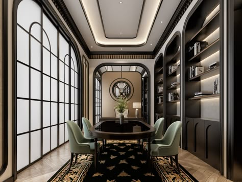 INDOCHNE STUDYROOM on Behance Luxurious Meeting Room Office, Classical Office Design, Classical Office Interior, Classic Meeting Room, Luxury Meeting Room Design, Lounge Office Room Ideas, Classic Office Design Luxury, Luxurious Office Interior, Luxury Meeting Room