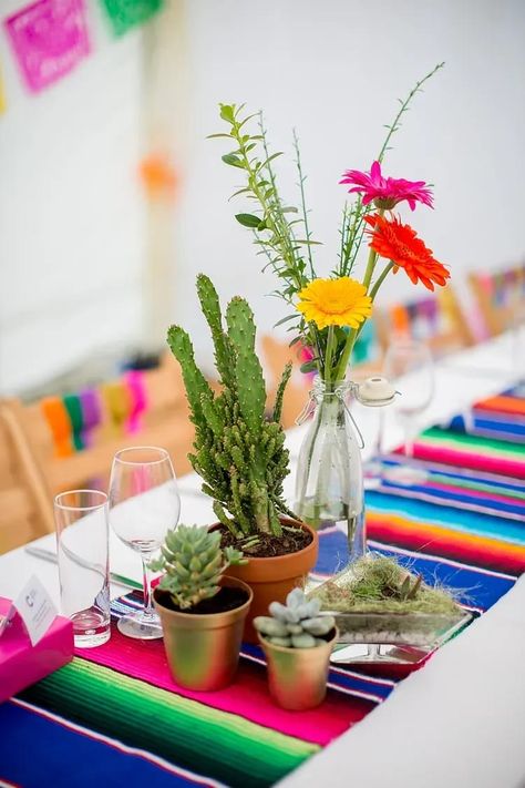 Colourful Cactus, Colorful Tablecloth, Mexican Birthday Parties, Succulent Decor, Mexican Party Decorations, Mexican Table, Fiesta Bridal Shower, Mexican Fiesta Party, Cactus Wedding