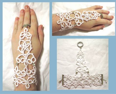 Tatted Wedding bracelets by EruwaedhielElleth on DeviantArt Tatting Patterns Free, Shuttle Tatting, Teacup Crafts, Shuttle Tatting Patterns, Finger Bracelets, Wedding Bracelets, Tatting Jewelry, Gloves Pattern, Needle Tatting