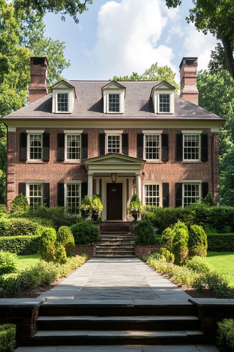 Georgian brick house two stories roof gambrels porch columns classic landscape. Check out all of these charming houses with brick exteriors–from classic to modern–that will make you feel at home. Exterior Home Makeover Colonial, Limewash Brick Exterior Colonial, Traditional Brick House Plans, Two Story Brick Home Exterior Makeover, Connecticut House Exterior, Sacked Brick Exterior, Classic Georgian Home Exterior, Old Money Brick House, Traditional House Elevation Design