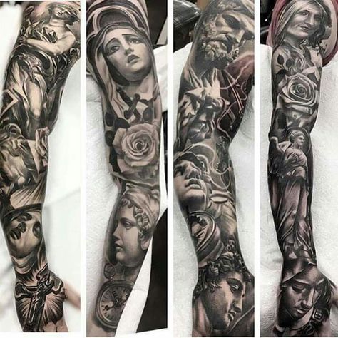 Religious Tattoo Sleeves, Christus Tattoo, Mangas Tattoo, Realistic Tattoo Sleeve, Full Arm Tattoos, Upper Arm Tattoos, 4 Tattoo, Religious Tattoos, Geniale Tattoos