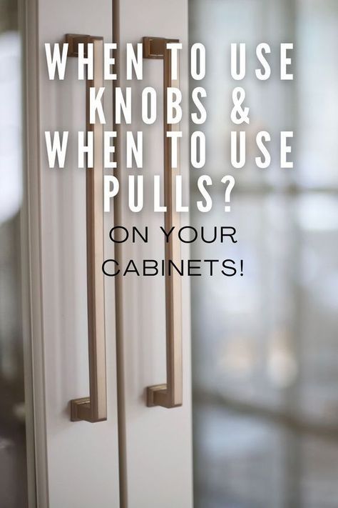 If you're remodeling your kitchen, or adding bathroom cabinets, and you're wondering whether to use cabinet knobs or cabinet pulls, read the home decor post! New homes mean new cabinet built ins, so find out whether to use cabinet pulls or knobs, get cabinetry inspiration and home remodel tips! Kitchen Knobs And Pulls White Cabinets Farmhouse, Kitchen Cabinet Handles White Cabinets, Modern Farmhouse Bathroom Cabinet Hardware, Transitional Kitchen Cabinet Pulls, Kitchen Cabinet Hardware Gold, Cream Cabinets With Bronze Hardware, Best Hardware For Shaker Cabinets, Laundry Room Cabinet Pulls And Knobs, Cabinet Hardware Inspiration