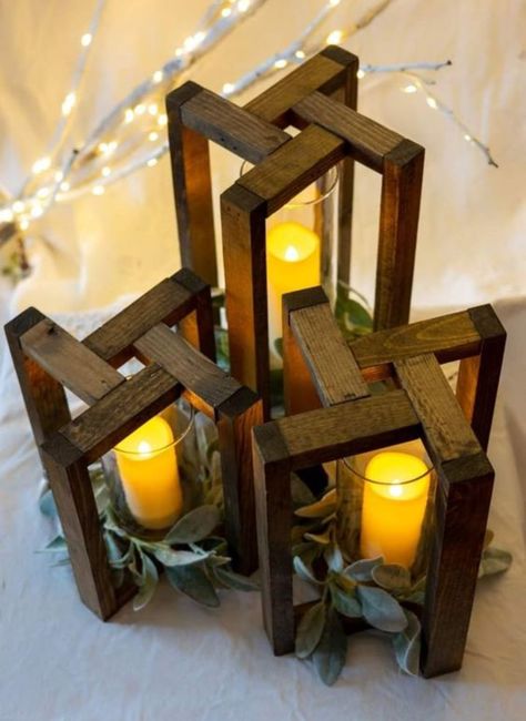 Jenga Block Candle Holder, Jenga Block Lantern Diy, Rustic Farmhouse Kitchen Ideas, Diy Wooden Lantern, Rustic House Decor, Wooden Lanterns Diy, Wood Blocks Diy, Farmhouse Decoration Ideas, Diy Dollar Store Crafts Projects