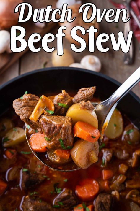 This Dutch Oven Beef Stew recipe is the perfect comfort food for a cold winter’s night! Made with tender stew beef, potatoes, carrots and mushrooms it is a hearty dinner that the entire family will love. Dutch Oven Beef Stew Recipes, Beef Stew Recipe Oven, Dutch Oven Beef Stew, Oven Beef Stew, Dutch Oven Beef, Beef Stew Meat Recipes, Venison Stew, Beef Potatoes, Stew Beef